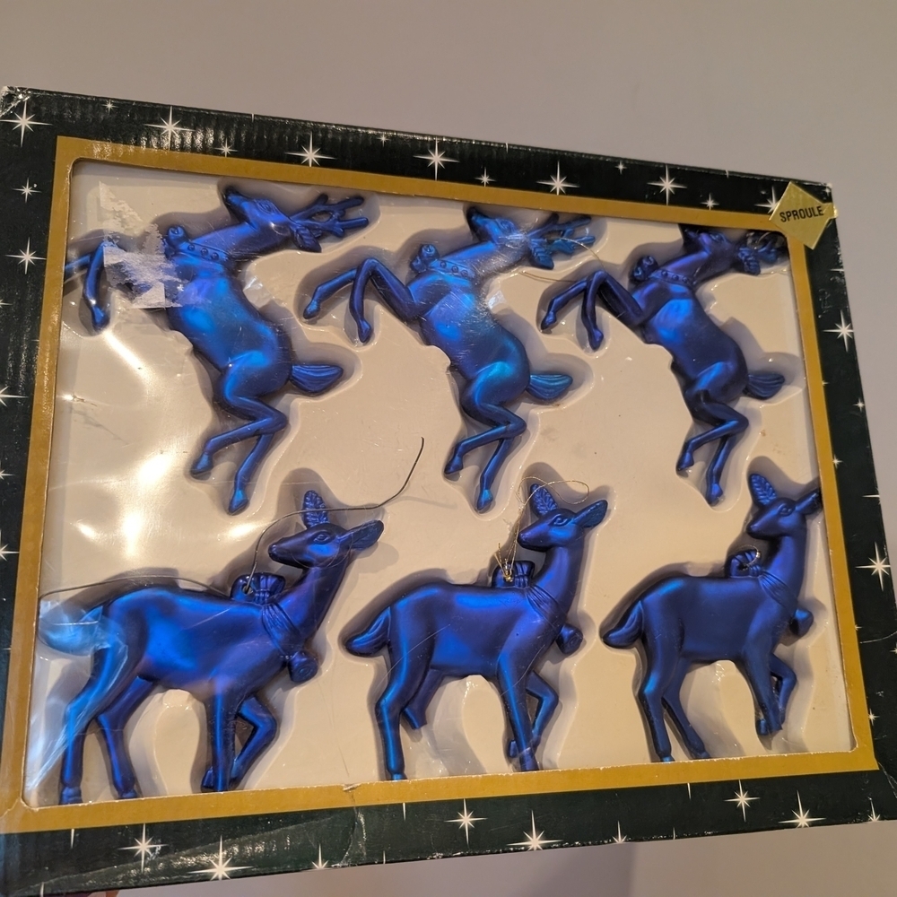 Vintage Set of Blue Reindeer Ornaments